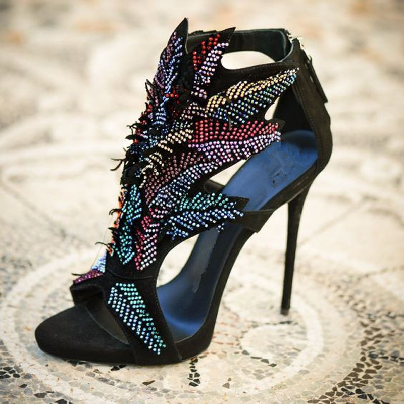 Fashion Black Suede Rhinestone High Heel Sandals on Luulla