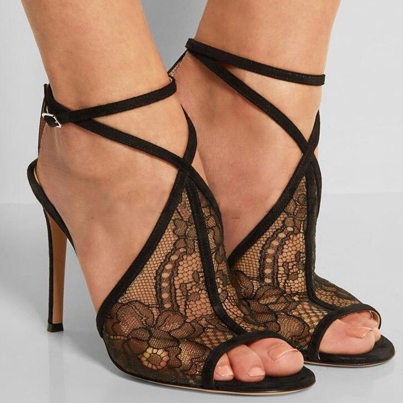 Women's Pointed Toe Lace Mesh Peep Toe High Heel Sandals