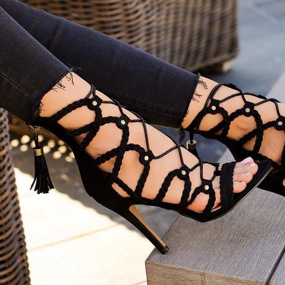 Solid Color Rope Cross Strap Rivet Sexy Fashion High Heel Sandals on Luulla