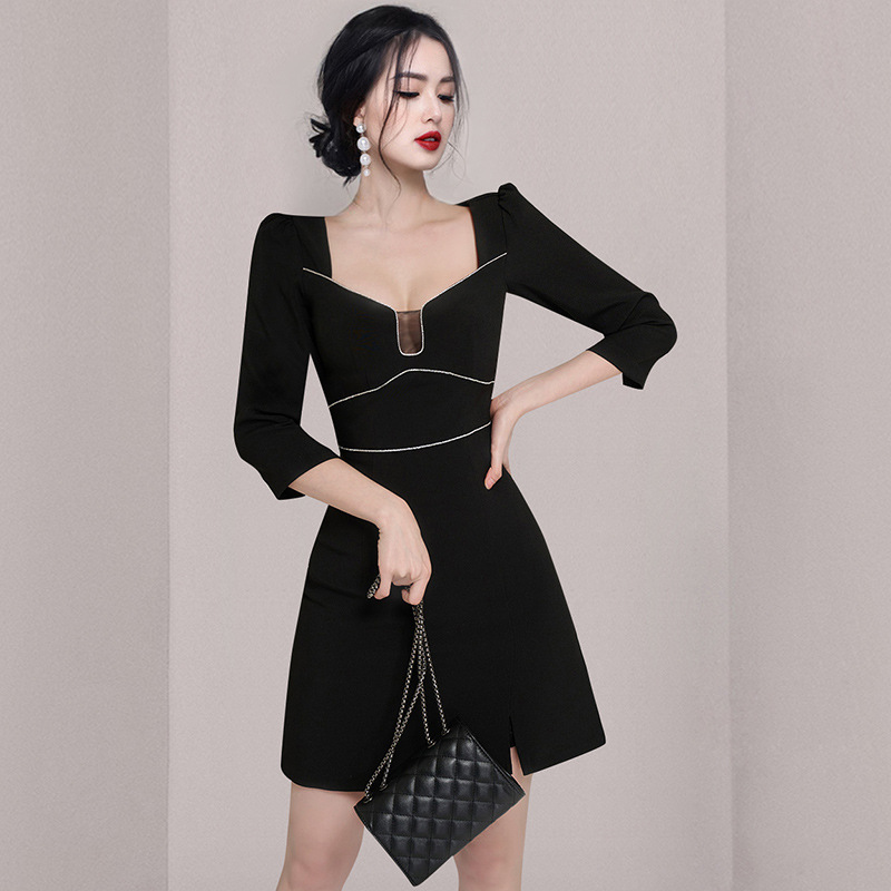 Border Trim Square Neckline High-waist A-line Little Black Dress on Luulla