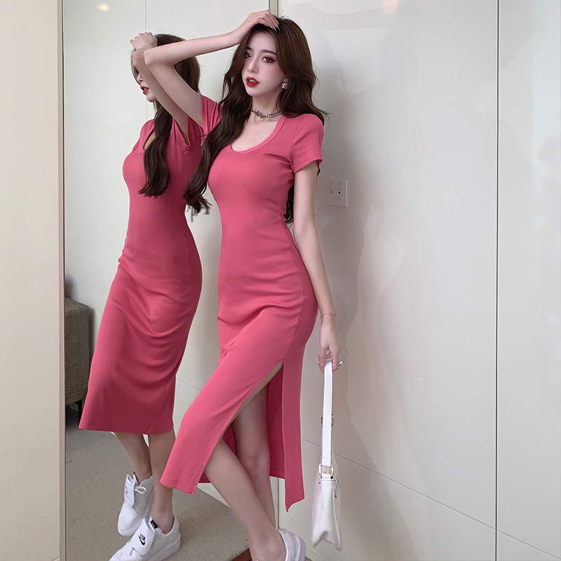 Pencil Dress with Long Sheer Sleeves in Ribbed Fabric
