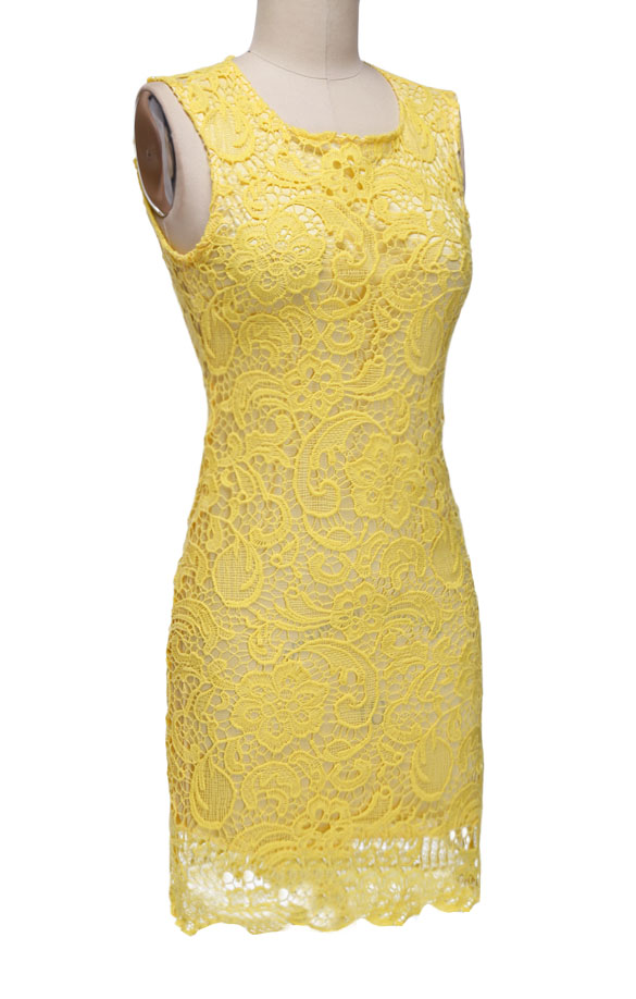 16429 Yellow Cutout Transparent Lace Dress