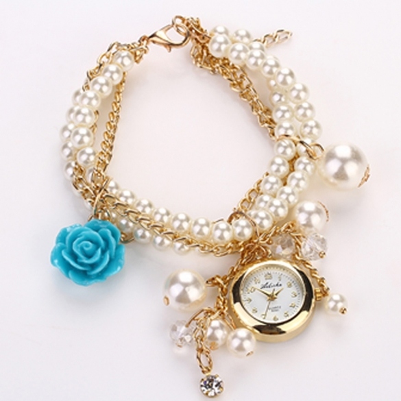 Sell Women Rose Flower Faux Pearl Round Dial Quartz Bracelet Wrist ...