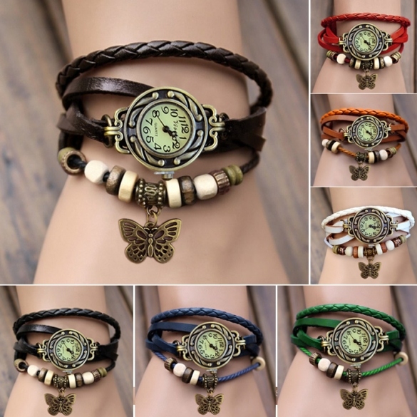 Women Leather Wrist Watch Bracelet Retro Butterfly Pendant Weave Wrap