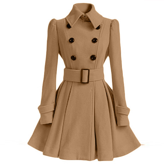 Flared Hem Turn-down Collar Slim Double Button Wool Coat With Belt on ...