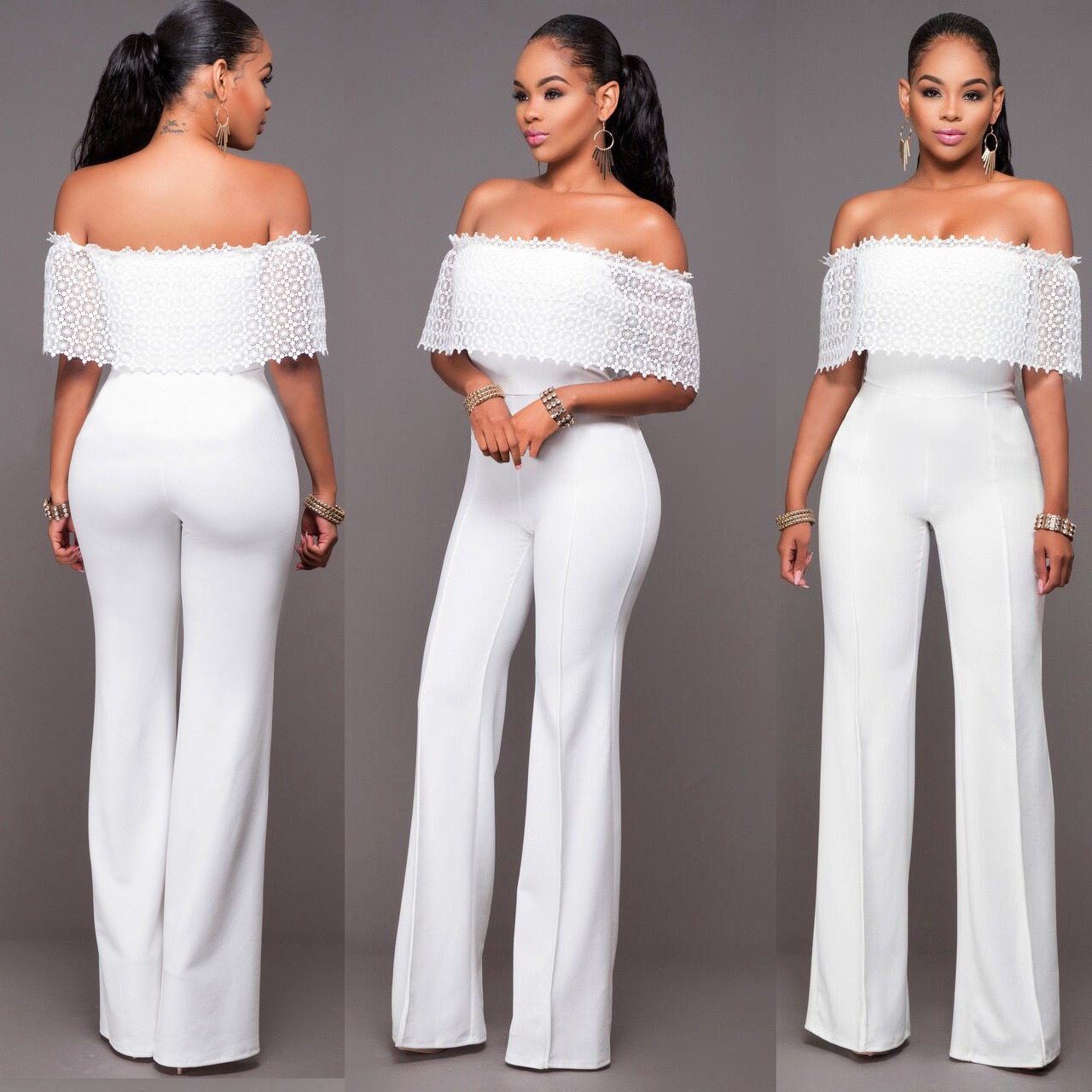 Sexy White Off Shoulder Lace Long Club Jumpsuit on Luulla