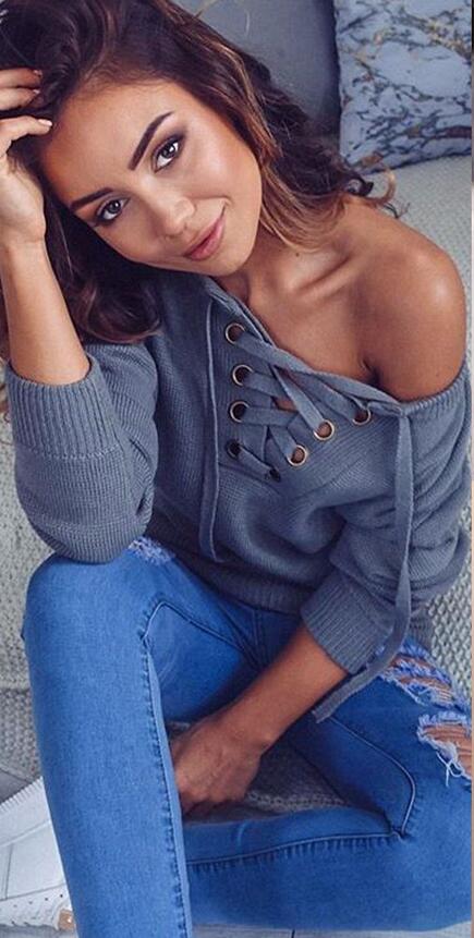 Sexy V-Neck Short Off Shoulder Sweater