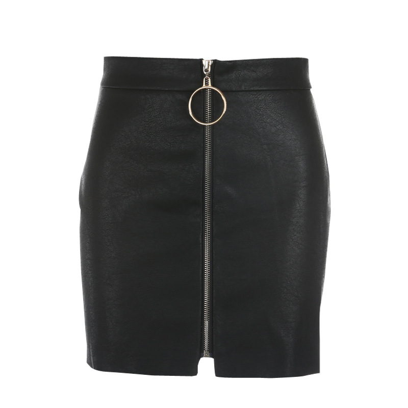 Ring Decorate Front Zipper Black Short PU Skirt on Luulla