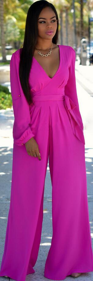 Rosy V-neck Long Sleeve Wide Leg Long Jumpsuit With Belt on Luulla